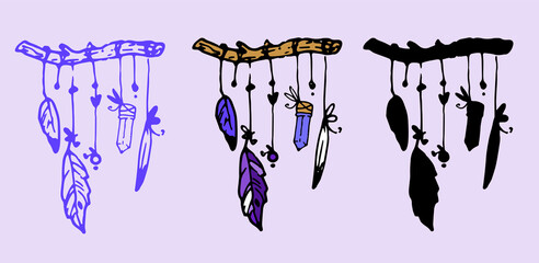 an icon of a tree stick with feathers and purple crystals hanging on it. a set of contour and silhouette boho. magic hand-drawn doodle, feathers and crystals, purple and blue, beads on a string hangin