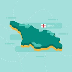 3d vector map of Georgia with name and flag of country on light green background and dash.