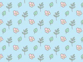 花と葉っぱのパターン背景　水色