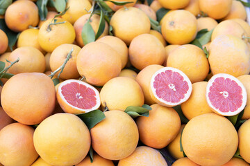 A bunch of fresh grapefruits on the street market, Turkey. background