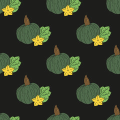 Seamless pattern with hand drawn pumpkins. Black background. Autumn digital paper.