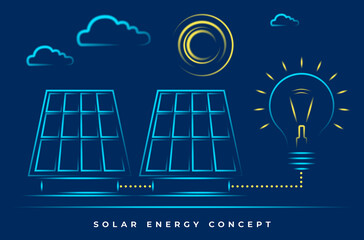 Solar energy concept - sun, panels and light bulb