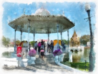 Tne park landscape watercolor style illustration impressionist painting.