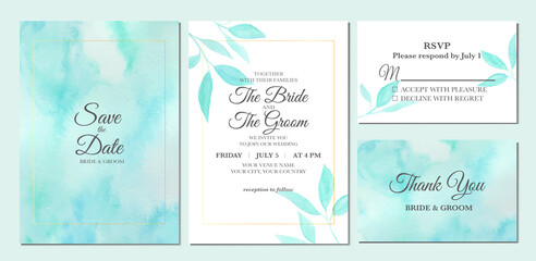 Hand painted of watercolor leaves as wedding invitation template.