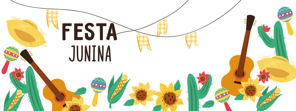 Festa Junina Brazil June harvest Festival flyer or banner template, flat vector.