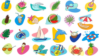 Summer bright beach holiday label elements flat style. Set of vector icons on the theme of leisure and travel, vacation