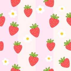 Seamless pattern with strawberry vector drawing. Pink background , strawberries and flowers summer fruits
