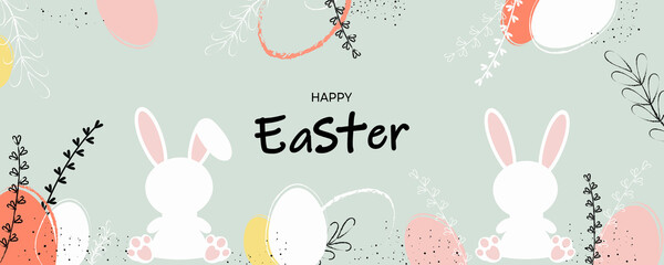 Happy Easter banner background. Easter bunny and egg. Easter banner. Fashionable Easter design. Modern minimalist style. Suitable for poster, website, postcard. Vector illustration.