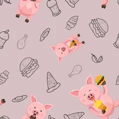 Foto op Aluminium cute pig animal and food doodle cartoon seamless pattern © Febiana
