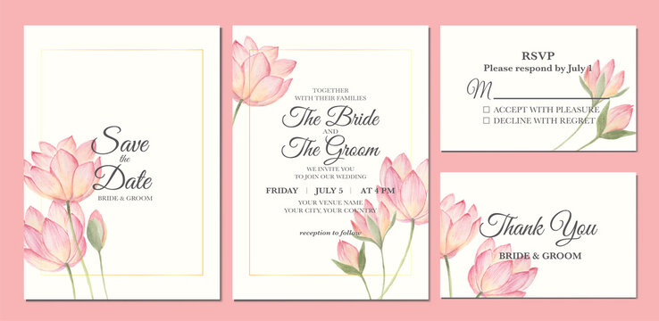 Hand painted of watercolor lotus flower as wedding invitation template. - Powered by Adobe