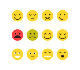 Simple emotion different faces and yellow cartoon emoji flat vector illustration.	
