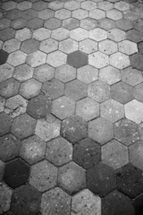 Old terracotta tile floor. Honeycomb pattern. Black white historic photo.