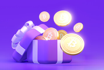3d Airdrop gift with gold coins. The concept of a draw or a cryptocurrency bonus. 3D rendering