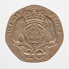 United Kingdom - circa 1993 a hexagonal twenty pence coin of united kingdom showing a crowned rose