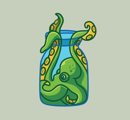 cute octopus hide inside the jar bottle. isolated cartoon animal nature illustration. Flat Style Sticker Icon Design Premium Logo vector. Mascot Character