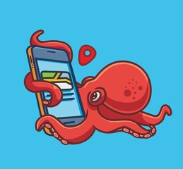cute octopus looking for maps route. isolated cartoon animal illustration. Flat Style Sticker Icon Design Premium Logo vector. Mascot Character