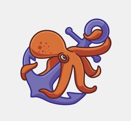 cute octopus hugging giant anchor. isolated cartoon animal illustration. Flat Style Sticker Icon Design Premium Logo vector. Mascot Character