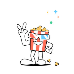 Cartoon popcorn in 3d glasses stands and shows a sign of peace.Character striped bucket of popcorn.Stock vector illustration of food in the cinema. Isolated white background.