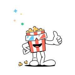 Cartoon popcorn in 3d glasses stands and shows thumb up with his hand.Character striped bucket of popcorn.Stock vector illustration of food in the cinema. Isolated white background.