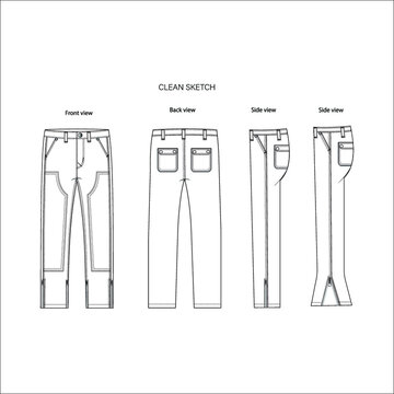 Double Knee Denim Pant Sketch, Pant Side View Design, Pant Template