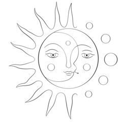 Mystical linear drawing of the Sun and Moon with a face in boho style. Vector illustration isolated on white background. Element for design, tattoo, sticker, logo.