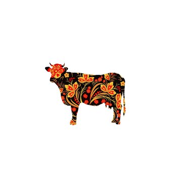 Floral print on cow. Ethnic Russian ornament with flowers and leaves. Khokhloma cow pattern for textile, wallpapers, illustrations, books, retro design, fabric. 
