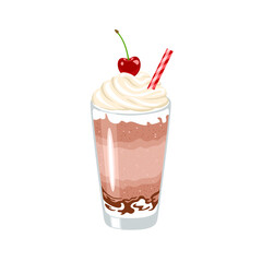 Chocolate milkshake with whipped cream and cherry on top. Vector cartoon flat illustration. Sweet food icon.