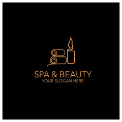 Vector logo design templates and emblems in trendy linear style in golden colors on black background for floral and natural cosmetics concepts, spa, beauty salons and for alternative purposes