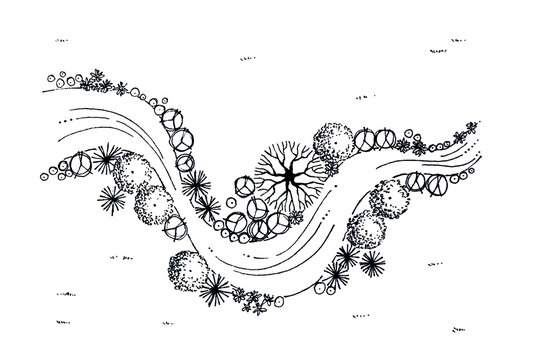 Landscape architecture plan design for backyard, country house or garden with black line. Hand drawn painting on the paper. 