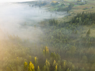 Naklejka na ściany i meble Morning mist in Ukrainian Carpathian mountains. Aerial drone view.