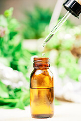 Brown Bottle of essential oil with fresh herbs,on a background of green plants, gives a relaxing and clean look for the aromatherapy concept.