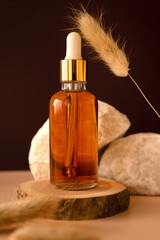 Transparent glass cosmetic dropper standing on wooden podium near stones and dry flowers on dark beige background. Beauty composition. Concept of natural and original skincare products presentation. 