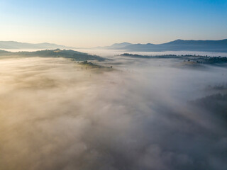 Morning fog in the Ukrainian Carpathians. Aerial drone view.