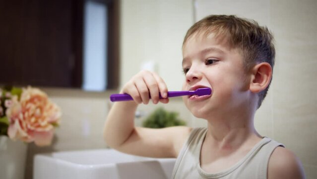 Child daily healthcare routine. Portrait happy cute young little boy brushing teeth in bathroom and smiling.Caucasian kid with white tooth looking at mirror isolated at home. Lifestyle.