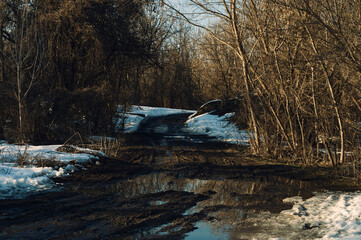 Fototapeta na wymiar Country road in the forest, the spring sun melted the snow, the road turned into mud, spring thaw