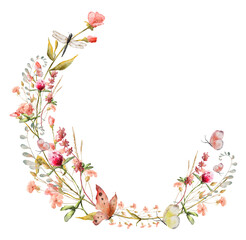 Wild flowers watercolor wreath botanical hand drawn illustration © EvgeniiasArt