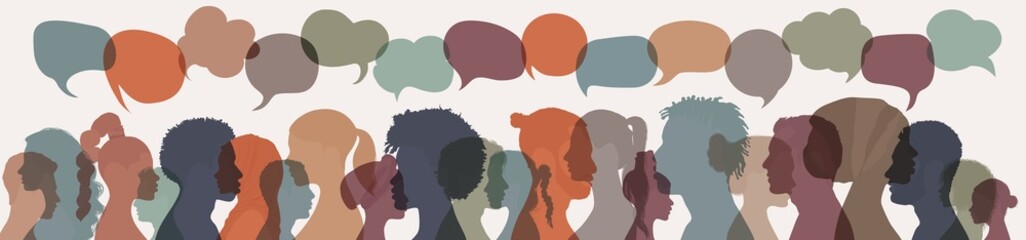 Communication between people of diverse cultures. Group of multicultural people talking. Crowd talking. Colored silhouette of side of various mixed race people. Speech bubble. Diversity
