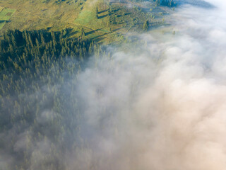 Morning mist in Ukrainian Carpathian mountains. Aerial drone view.