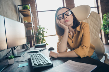 Portrait of attractive tired overworked girl cyber editor sleeping preparing law agreement at workplace workstation indoors