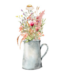bouquet of wild flowers in a jug watercolor hand drawn illustration