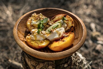 Grilled baked peaches, sweet with cinnamon and cottage cheese. food photo