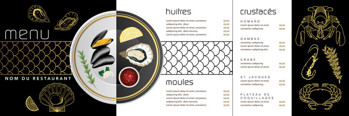 Menu graphique en 3 parties pour un restaurant de cuisine française  de mollusques et crustacés - 
texte français, traduction : menu, restaurant, huitres, moules, crustacés.