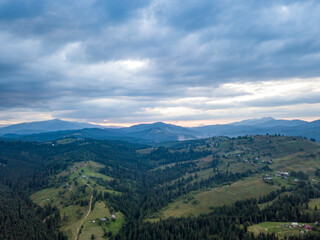 High flight in the mountains of the Ukrainian Carpathians. Aerial drone view.