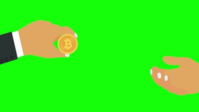 Man giving bitcoin to another 4K animation. Bitcoin transfer concept video. Money transaction concept with bitcoin. A businessman gives money to another person with a black and white mask animation.
