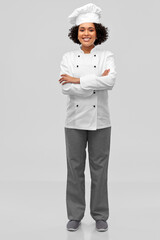 cooking, culinary and people concept - happy smiling female chef in white toque and jacket over grey background - obrazy, fototapety, plakaty