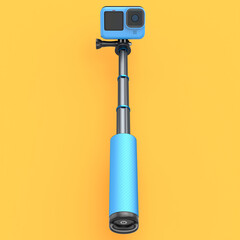 Photo and video lightweight blue action camera with selfie stick on orange