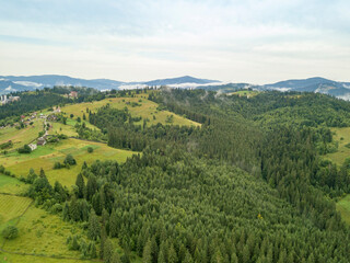 Ukrainian Carpathians mountains on a summer morning. Aerial drone view.