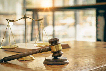 Lawyer Hammer Justice Scales Have At Law Firm In The Background concept of law and justice Judge's...