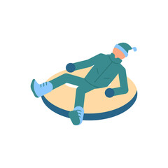 Man rides snow tubing in the snow isolated on white background