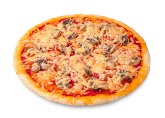 Pizza with cheese, tomatoes and mushrooms isolated on a white background.